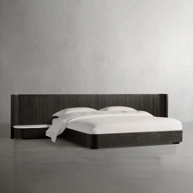 Wood surfaces are hand-stained with a striking finish and protective lacquer for subtle sheen.