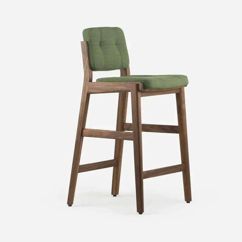 A green bar stool featuring a wooden frame, showcasing a modern design suitable for various interior settings