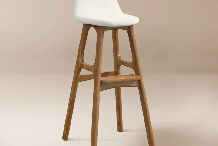 A contemporary green bar stool supported by a wooden frame, ideal for adding a pop of color to dining or entertainment spaces