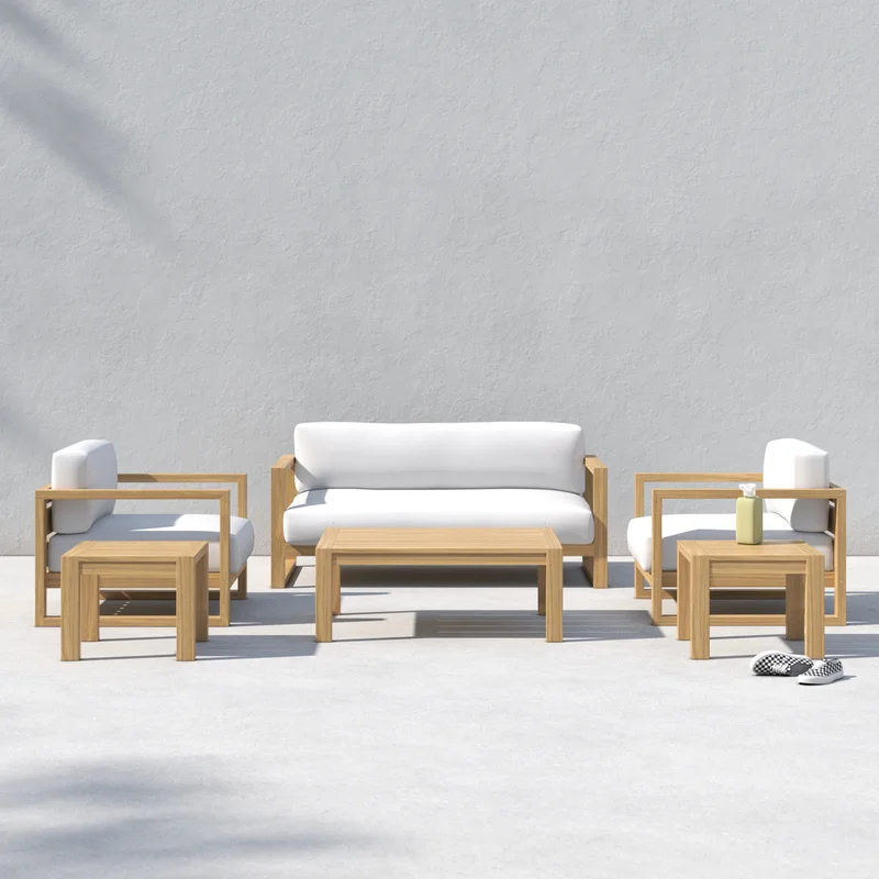 A stylish wooden outdoor furniture set on a white background, emphasizing its natural beauty and functional design