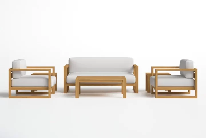 A wooden outdoor furniture set displayed against a white background, showcasing its elegant design and natural finish