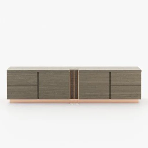 Modern low-profile wooden Cabinets with gold accents on a white background.