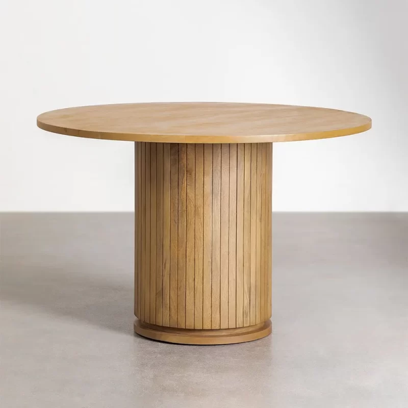 A round wooden dining table with a sturdy wooden base, showcasing a natural finish and elegant design