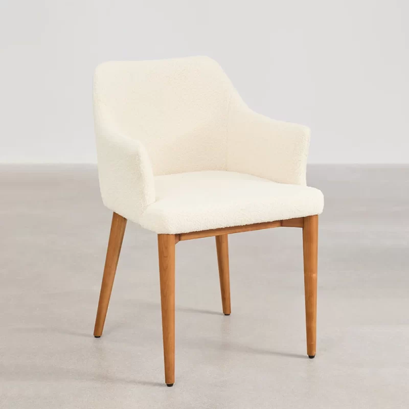 Measurements of a chair featuring white fabric upholstery, showcasing dimensions and design details for reference.