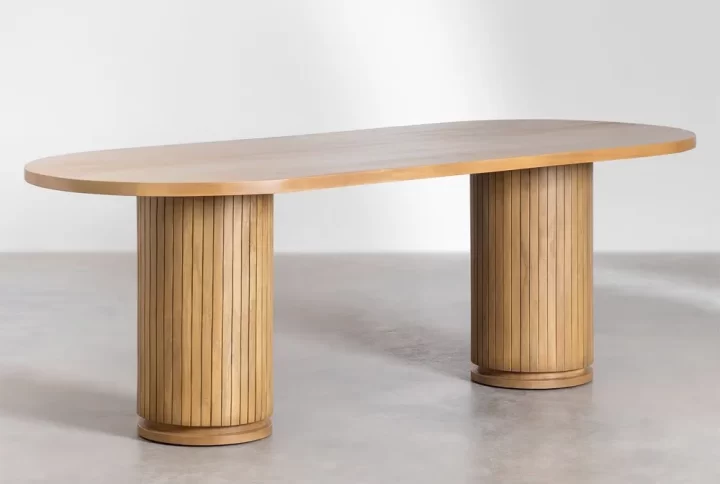 A wooden Dining table surrounded by four chairs, featuring a decorative vase at the center