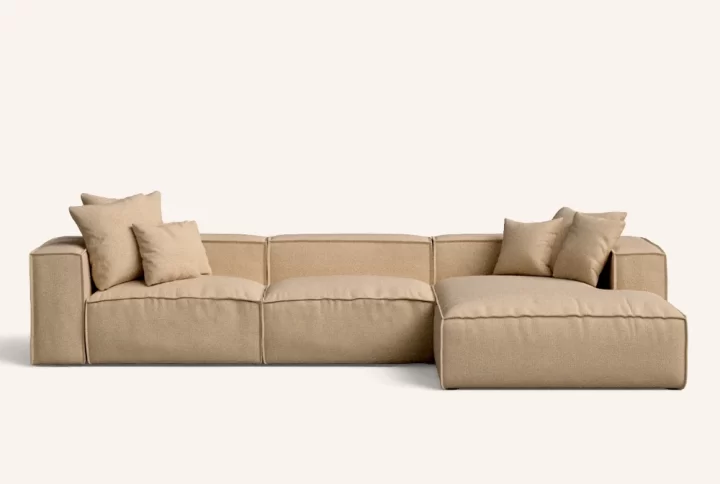 Simi Chaise Longue Sofa in beige bouclé with sustainable craftsmanship styled in modern living room