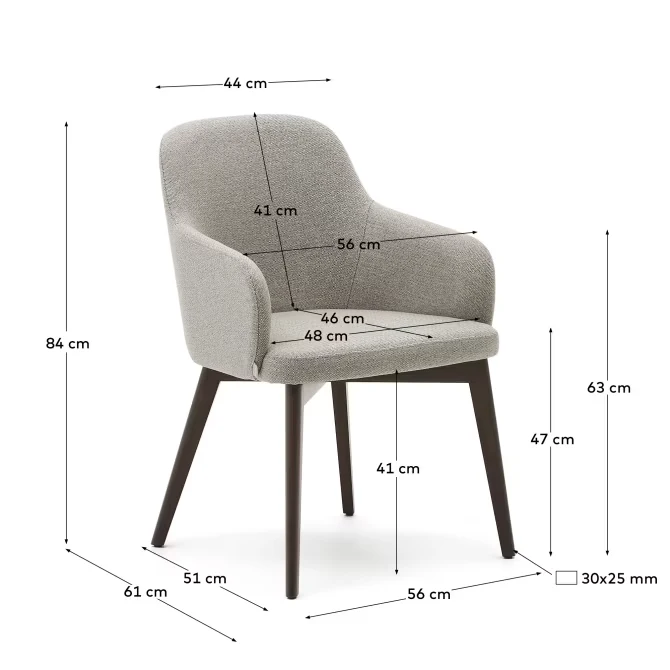 . A grey upholstered dining chair featuring a sturdy wooden frame, designed for comfort and style