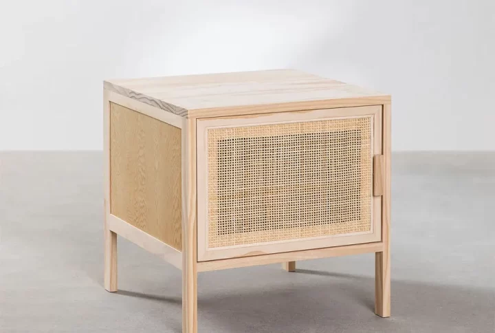 Raymond Rattan Bedside Table with pine wood frame and woven rattan drawer styled in bedroom
