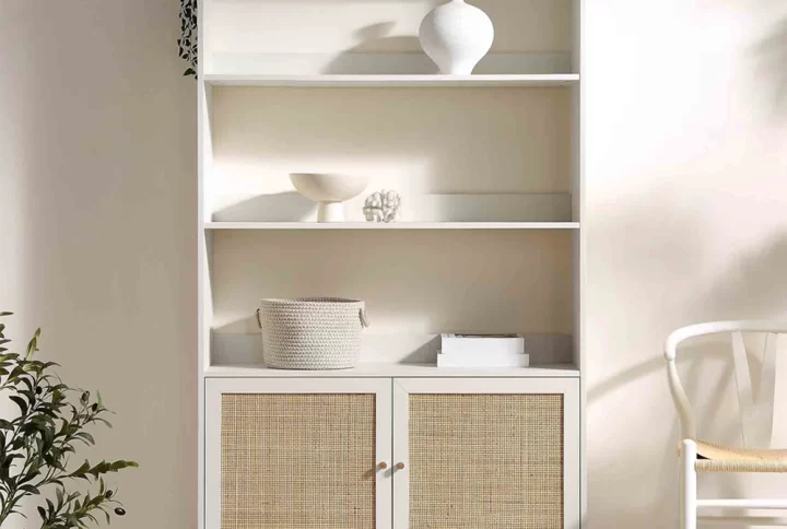 Camille Rattan Bookshelf with woven rattan cabinet doors and natural finish, styled in a rustic living room