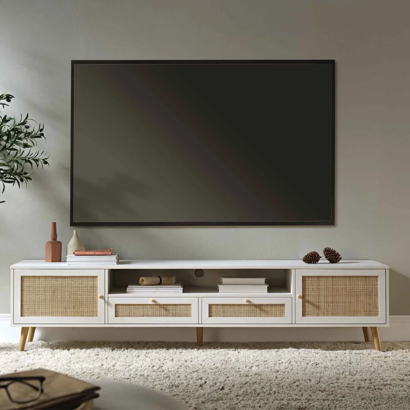 A sleek modern entertainment center featuring a large flat screen television, showcasing a contemporary design