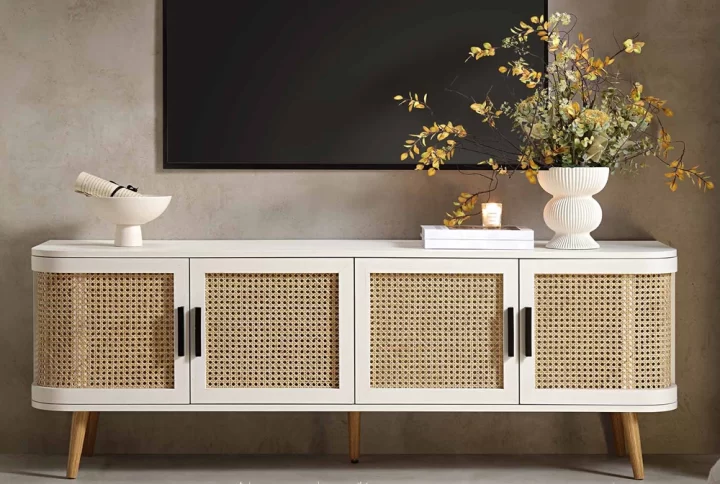 A white entertainment center featuring the Isla Rattan Curved TV Console with a television placed on top