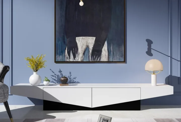 Brayden Studio TV Stand with mirrored accents and sleek modern design for TVs up to 85 inches