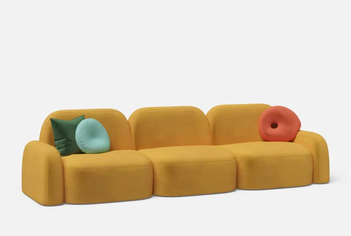 Luna 3 Seater Sofa in mustard yellow with rounded silhouette and plush cushions