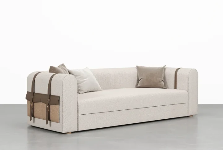 White Symphony Sofa bed featuring brown straps for added design and comfort