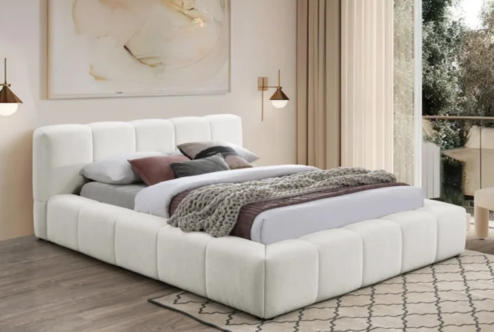 Elegant Carlin Cream Chenille King Bed upholstered in soft chenille fabric with contemporary design