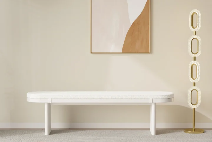 Contemporary Genii Dining Bench upholstered in white bouclé fabric with removable cushion cover