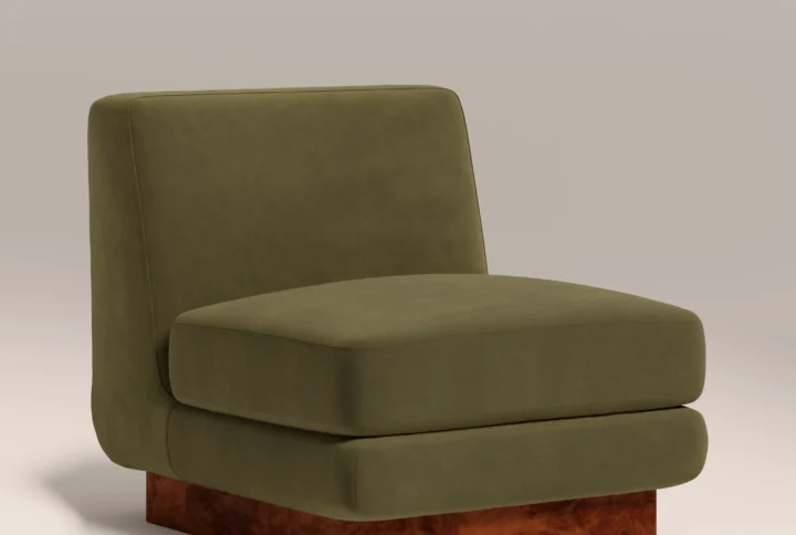 Eco-conscious Harrison Velvet Accent Chair crafted from recycled PET yarns with bold burl veneer base