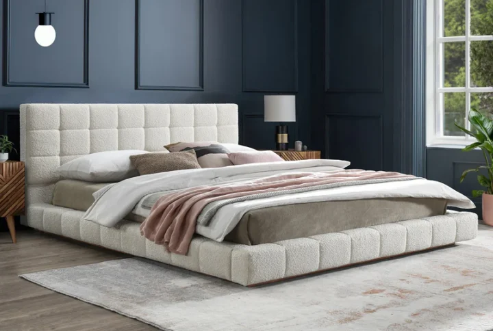 Hughes King Platform Bed in ivory bouclé with low-profile silhouette styled in modern bedroom