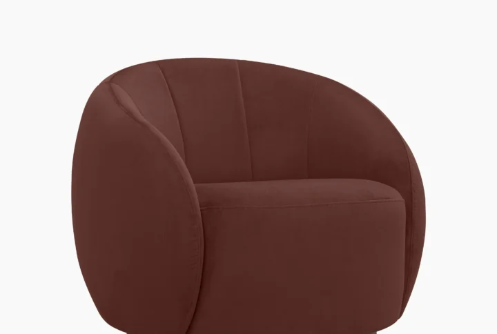 Marais Velvet Lounge Chair in rust-toned recycled PET velvet with dark-stained oak base