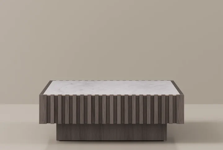Modora Luxe Slat Coffee Table with walnut and white finish styled in modern living room