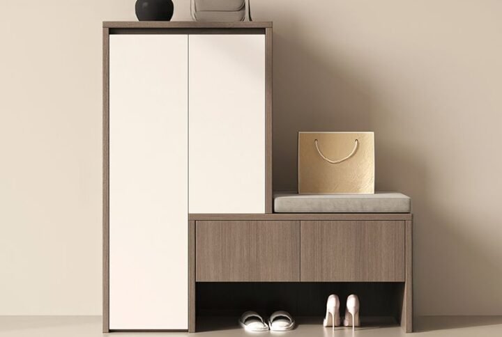 Stride Stack Shoe Cabinet with five tiers, drawers, and closed-back design in a modern entryway.