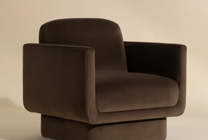 Elston Lounge Chair in Meg Taupe with U-shaped arms and squared base for sculptural comfort.
