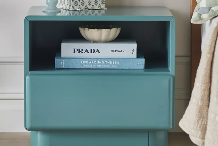 Luca Lacquer Nightstand in natural wood with clean lines and smooth-gliding drawer.