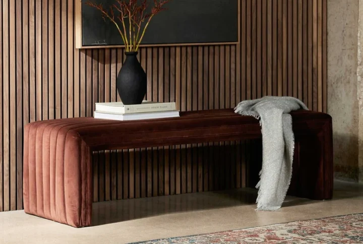 Mocha Velvet Channel Bench in premium brown velvet