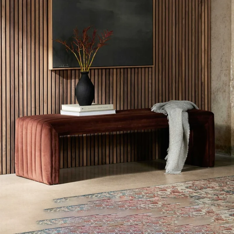 Mocha Velvet Channel Bench in premium brown velvet