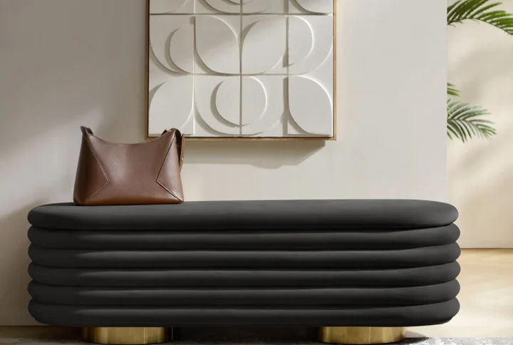 Modern upholstered bench with layered design and gold legs