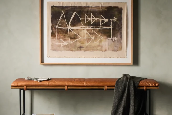 ronan industrial faux leather upholstered bench brandy