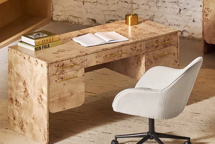 Burl Wood Desk with timeless modern appeal and storage