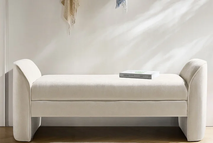 Aurora 57" modern chenille upholstered storage bench with piped edges
