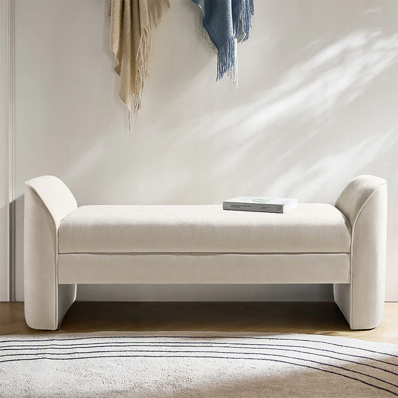 Aurora 57" modern chenille upholstered storage bench with piped edges