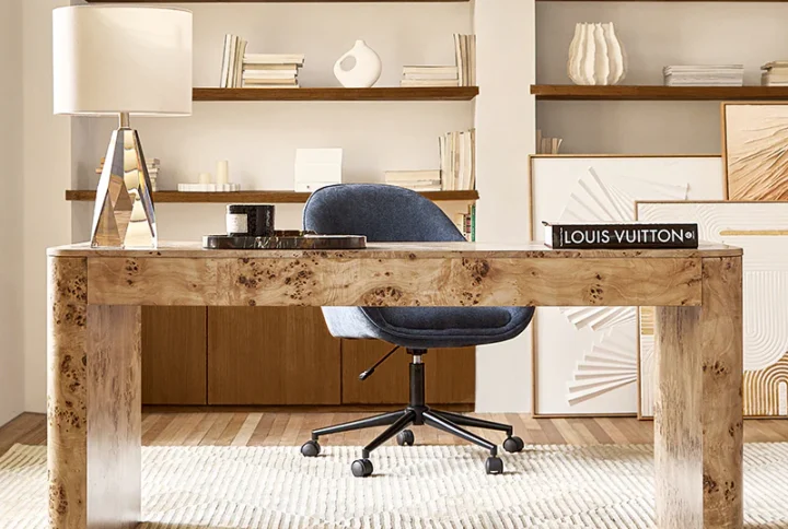 Poplar Burl Desk in natural modern style with drawers