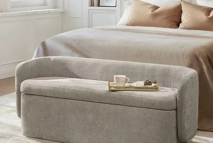serena modern chenille storage bench with wraparound backrest