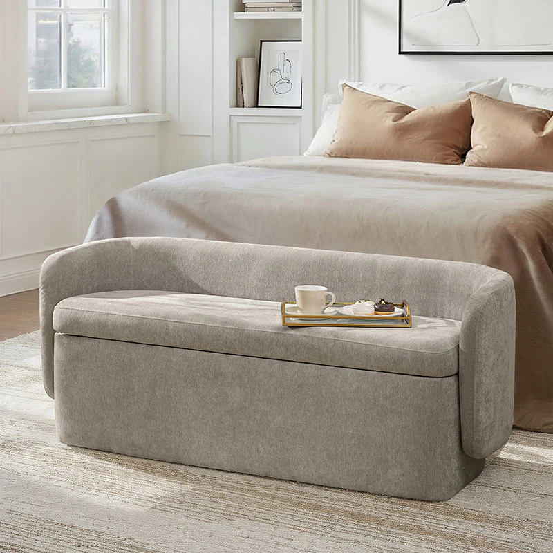 serena modern chenille storage bench with wraparound backrest