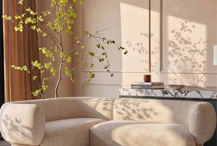 Florence corner sofa in natural chenille fabric with light wood legs