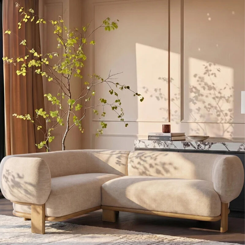 Florence corner sofa in natural chenille fabric with light wood legs