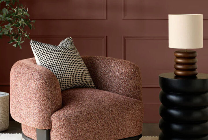 florence toffee red chenille armchair with dark wood legs