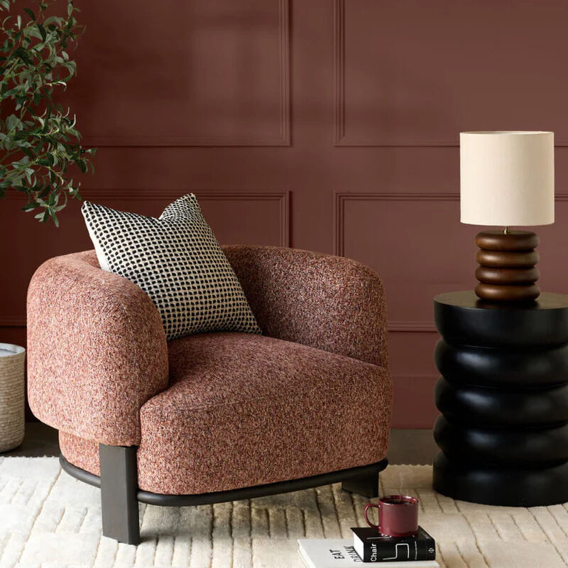 florence toffee red chenille armchair with dark wood legs