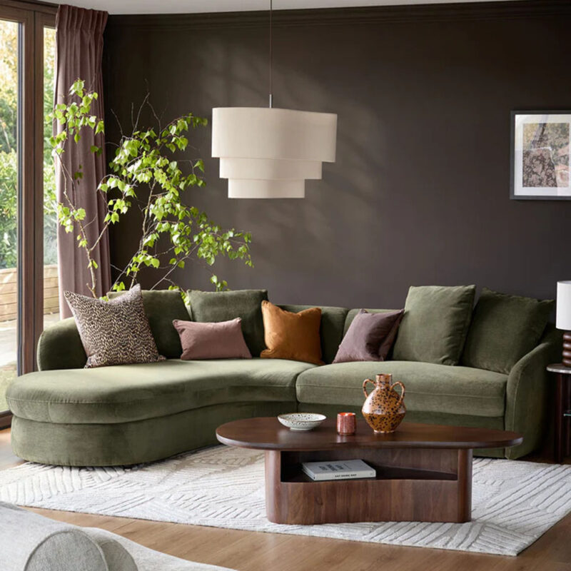 Ottilie corner sofa in olive green chenille with left-hand chaise