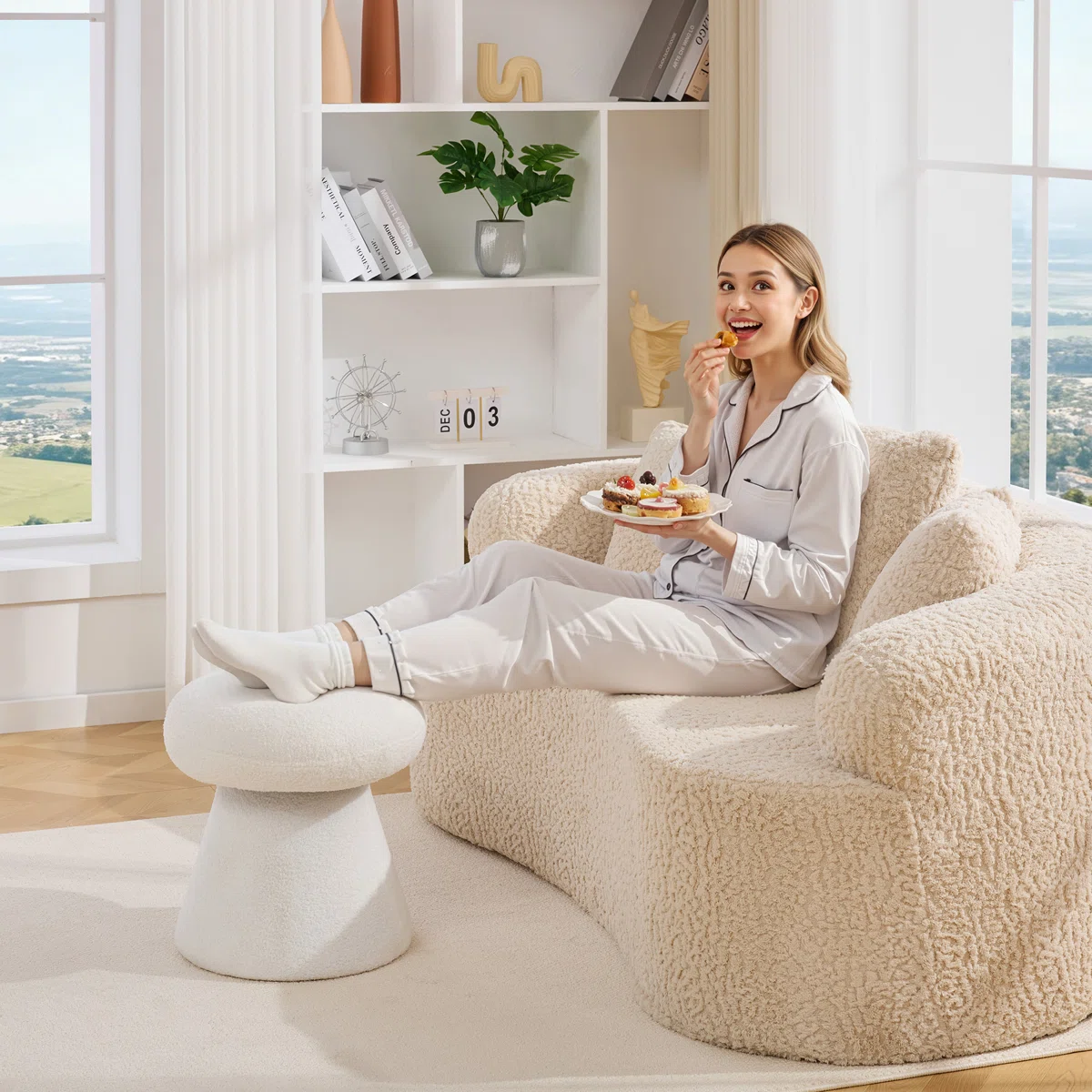 360 Swivel Mushroom Ottoman – Teddy Fabric Footstool Leisure Italian (2)