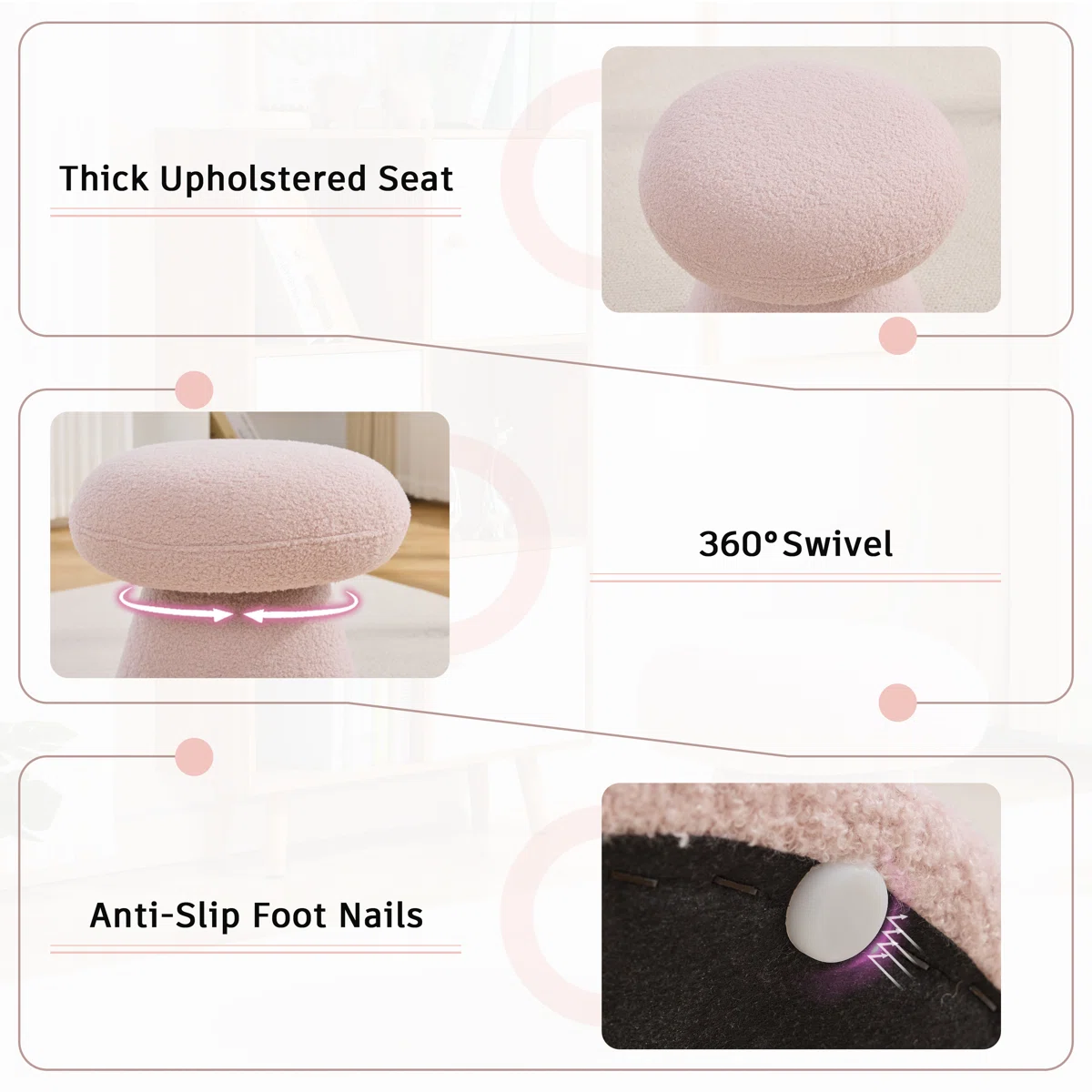 360 Swivel Mushroom Ottoman – Teddy Fabric Footstool Leisure Italian (9)