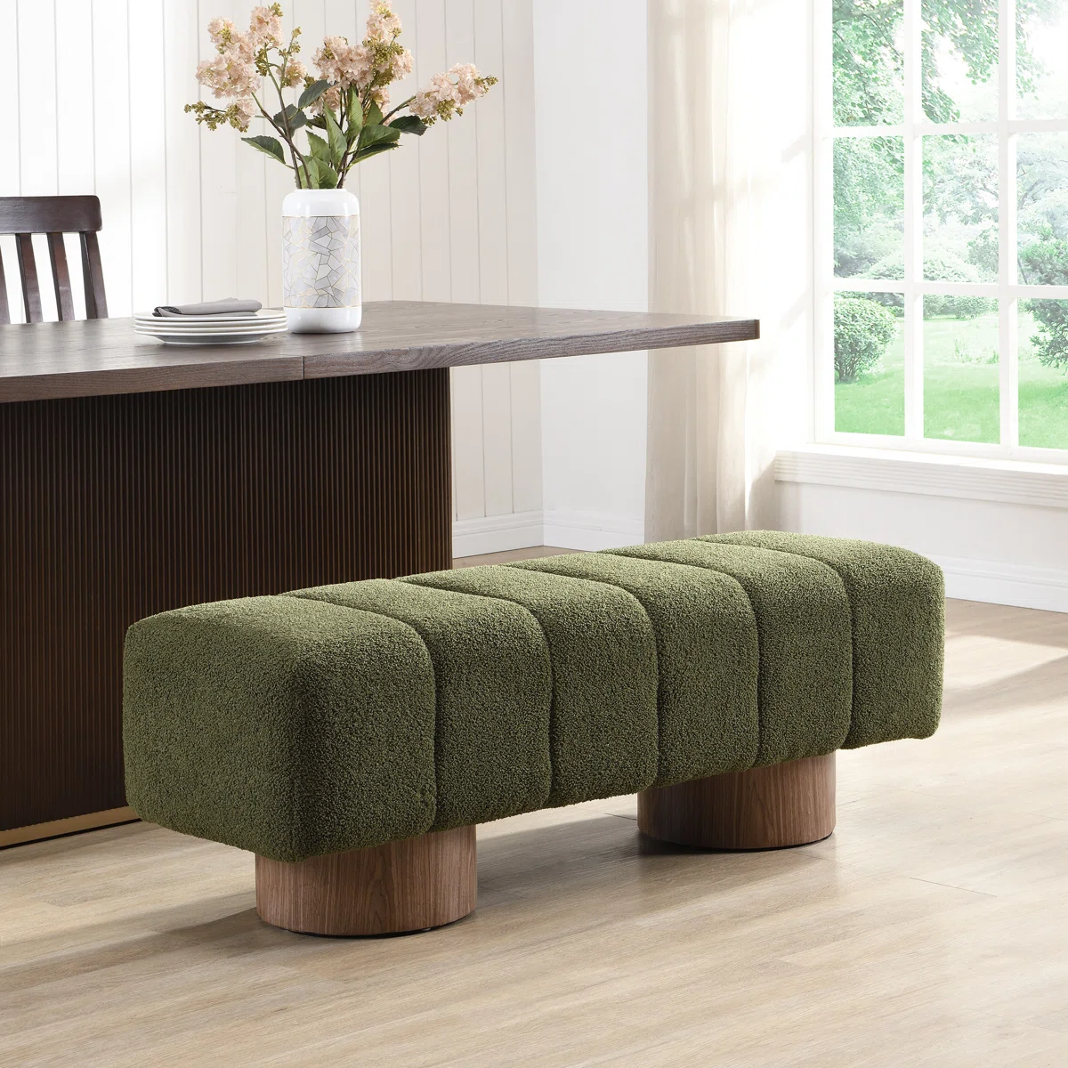 marlon dining bench with soft bouclé upholstery and wooden base (5)