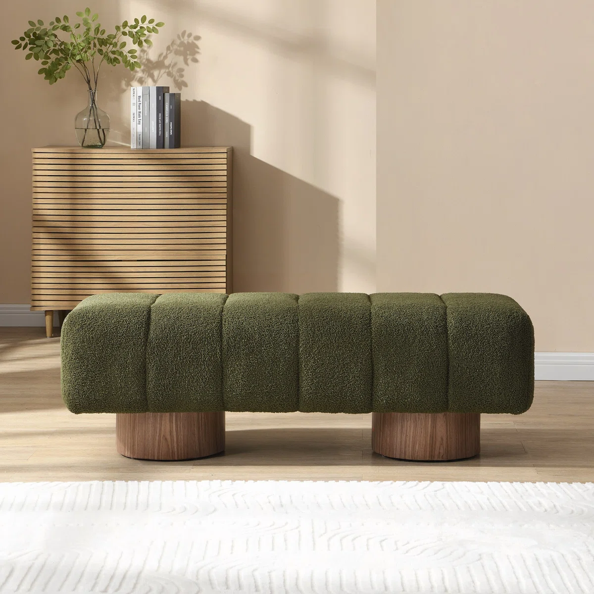 marlon dining bench with soft bouclé upholstery and wooden base (7)