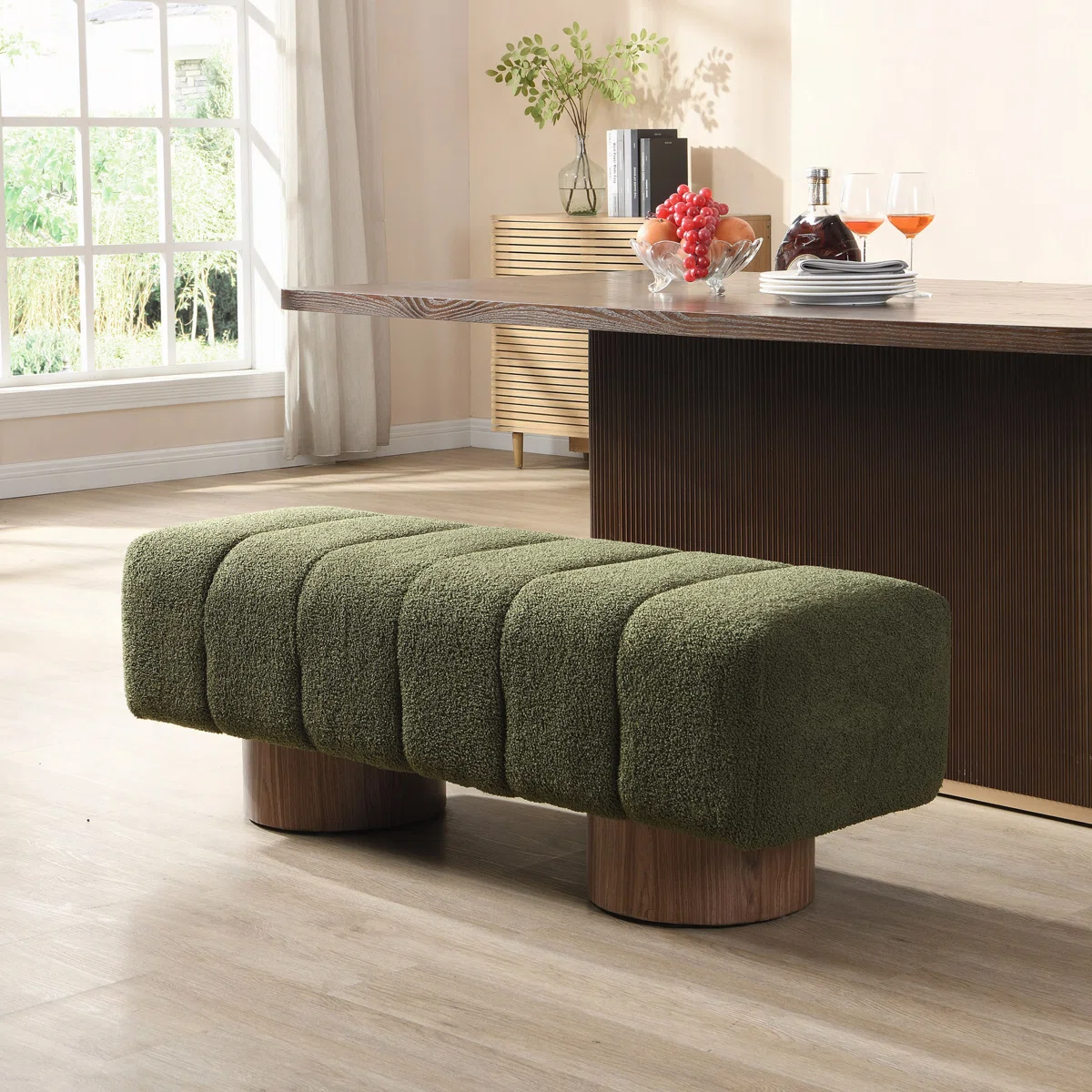 marlon dining bench with soft bouclé upholstery and wooden base (8)